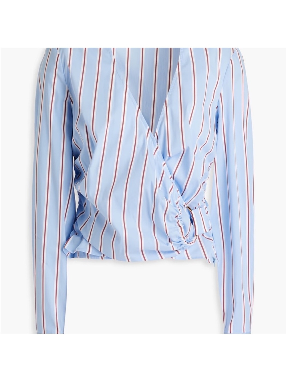 Veronica Beard Light Blue Striped Wrap Blouse with Burgundy Accents